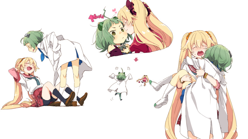 2girls ahoge bangs blonde_hair blush breast_pocket brown_footwear carrying carrying_person closed_eyes closed_mouth coat crying fleeing full_body ganeshia green_eyes green_hair hair_ornament hands_on_hips kamihama_university_affiliated_school_uniform kisaki_emiri kiss kissing_cheek labcoat loafers long_hair magia_record:_mahou_shoujo_madoka_magica_gaiden magical_girl mahou_shoujo_madoka_magica minaminagi_liberty_academy_school_uniform miyako_hinano multiple_girls multiple_views neck_ribbon open_mouth plaid plaid_skirt pleated_skirt pocket red_sailor_collar red_skirt ribbon running sailor_collar school_uniform serafuku shirt shoes short_hair simple_background sitting skirt smile thighhighs twintails very_long_hair white_background white_coat white_shirt yuri