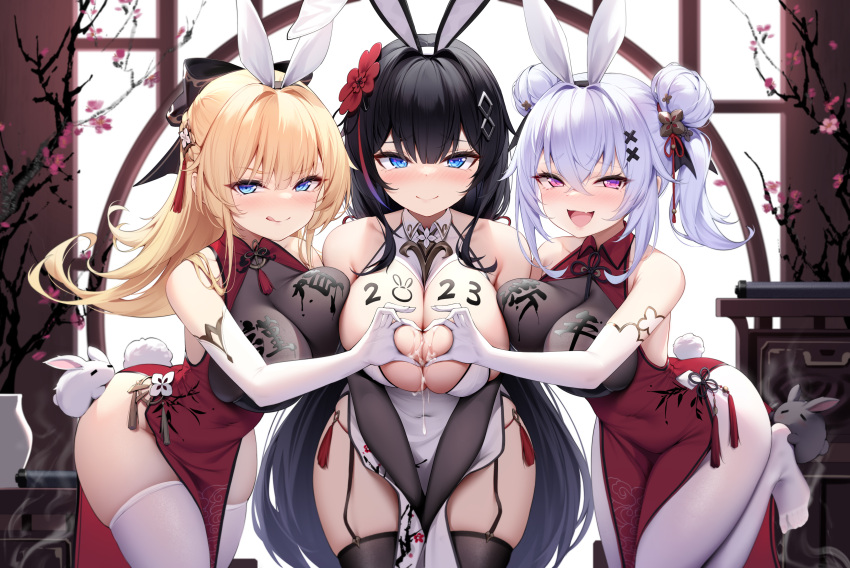 2023 3girls :q absurdres after_paizuri animal_ears asymmetrical_docking bare_shoulders between_legs black_hair black_thighhighs blonde_hair blue_eyes bow breast_press breast_tattoo breasts china_dress chinese_clothes cleavage closed_mouth covered_navel cum cum_on_body cum_on_breasts cumdrip double_bun dress elbow_gloves fake_animal_ears fake_tail framed_breasts garter_straps gloves hair_bow hair_bun hair_ornament hairband hairclip half_updo hand_between_legs heart heart_hands heart_hands_duo highres k.t.cube large_breasts leg_up multiple_girls naughty_face no_panties no_shoes open_mouth original panty_straps pantyhose pelvic_curtain pink_eyes ponytail rabbit_ears rabbit_tail red_dress skindentation sleeveless sleeveless_dress smile smug tail tassel tattoo thighhighs thighs tongue tongue_out white_dress white_gloves white_hair white_pantyhose white_thighhighs
