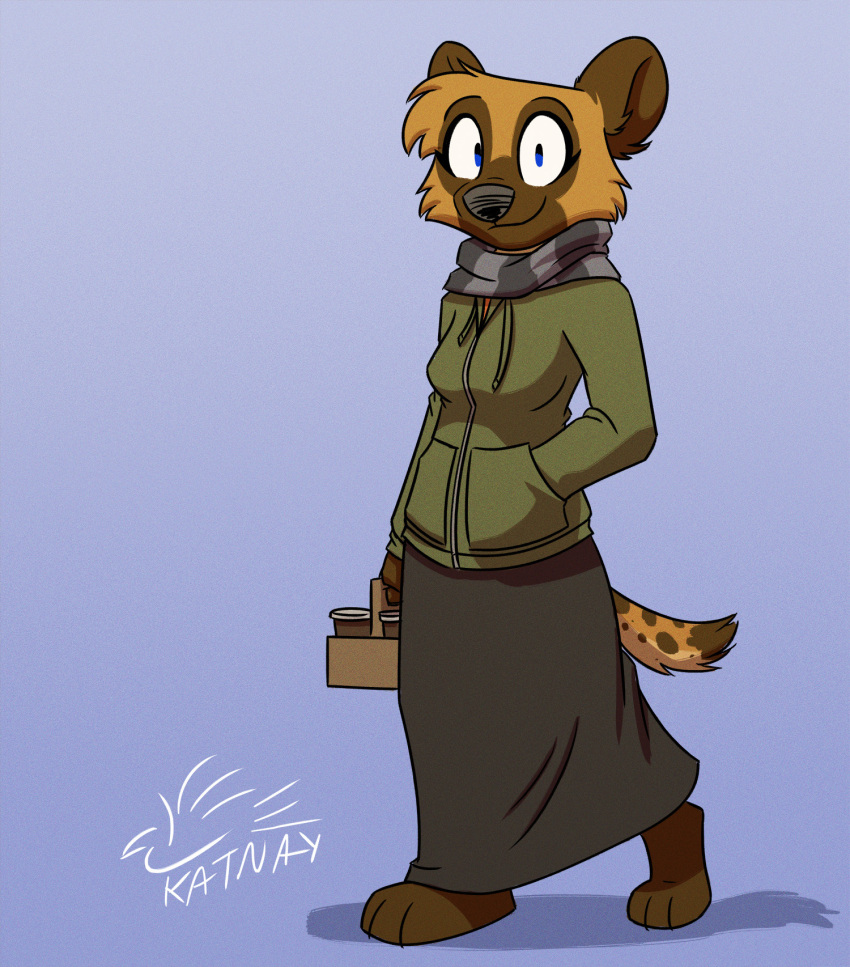 anthro barefoot beverage black_nose blue_eyes bottomwear breasts brown_body brown_fur cheek_tuft clothed clothing coffee container cup diana_machado dipstick_tail facial_tuft feet female fur gradient_background hand_in_pocket head_tuft hi_res hoodie hyena katnay long_skirt mammal markings pockets scarf short_tail simple_background skirt solo spots sweater tail tail_markings topwear tuft walking worn_down_children