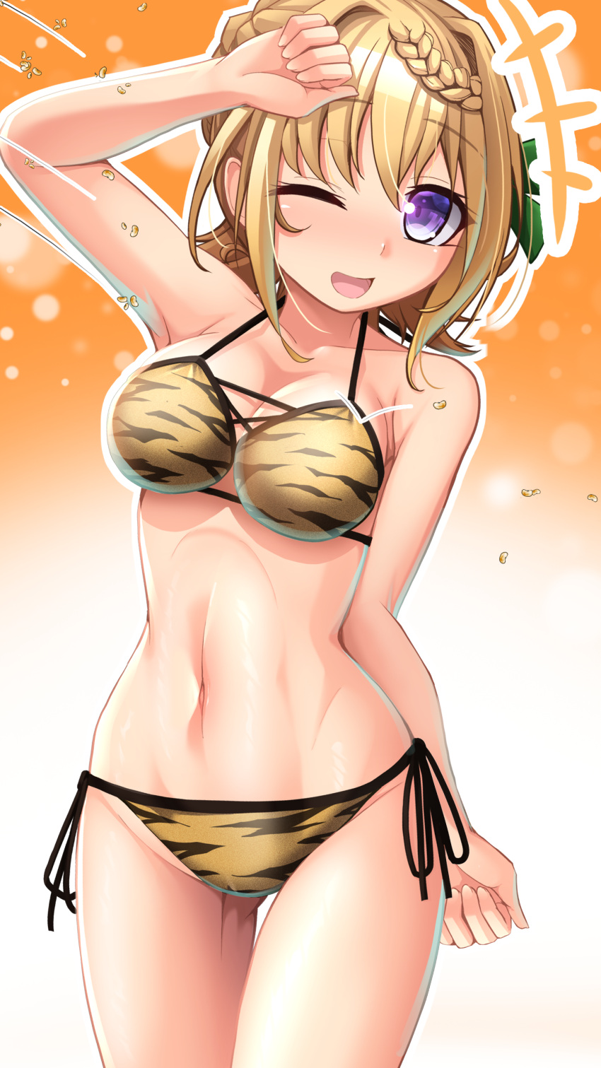 1girl absurdres alternate_costume animal_print bikini blonde_hair braid braided_bangs braided_bun breasts cowboy_shot hair_bun highres kantai_collection long_hair medium_breasts narashika_asuka navel one_eye_closed perth_(kancolle) print_bikini purple_eyes setsubun side-tie_bikini_bottom solo standing swimsuit tiger_print world_war_ii