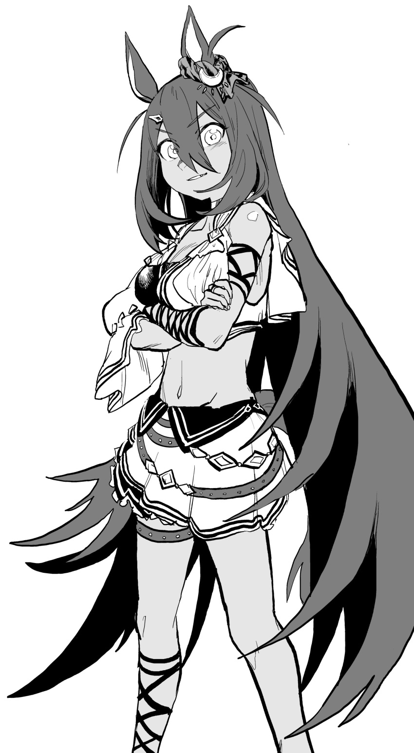 1girl absurdres animal_ears bare_shoulders crop_top crossed_arms e-ncyo ear_scrunchie fang feet_out_of_frame greyscale hair_between_eyes hair_ornament hairclip highres hishi_amazon_(umamusume) horse_ears horse_girl horse_tail long_hair midriff miniskirt monochrome navel open_mouth shirt single_sleeve skirt solo standing tail thigh_strap umamusume v-shaped_eyebrows very_long_hair