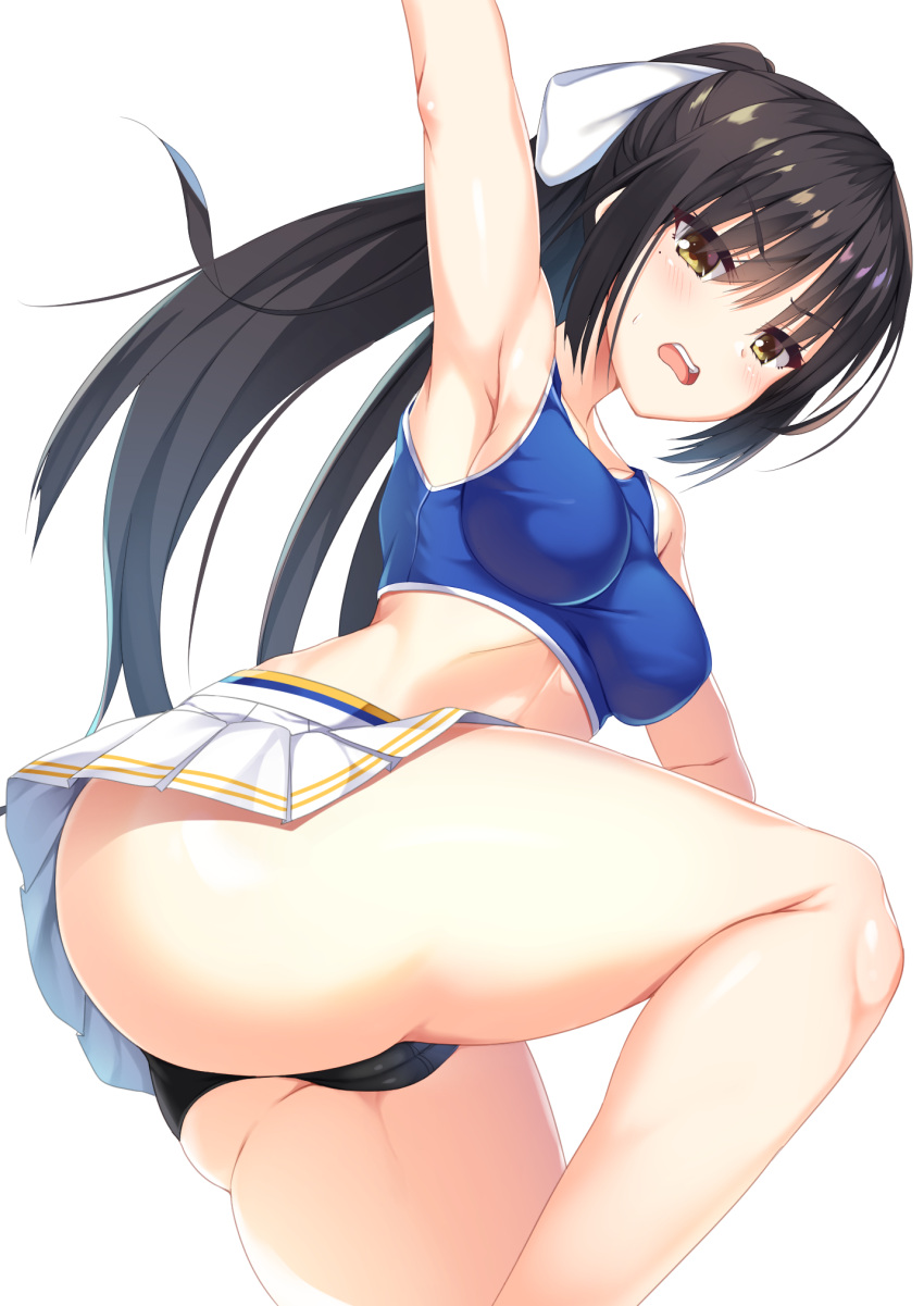 1girl angry aria. arm_up armpits arms_up ass bangs black_hair black_panties blue_sports_bra bow breasts cafe_stella_to_shinigami_no_chou cameltoe cheerleader commentary_request crop_top curvy eyelashes from_below hair_bow hair_ribbon highres large_breasts leg_up legs long_hair looking_at_viewer midriff miniskirt mole mole_under_eye open_mouth panties pleated_skirt ponytail revision ribbon shiki_natsume sideboob sidelocks simple_background skirt solo sports_bra sportswear standing sweat teeth thighs underwear upper_teeth_only v-shaped_eyebrows very_long_hair wavy_mouth white_background white_bow white_skirt yellow_eyes yuzu-soft