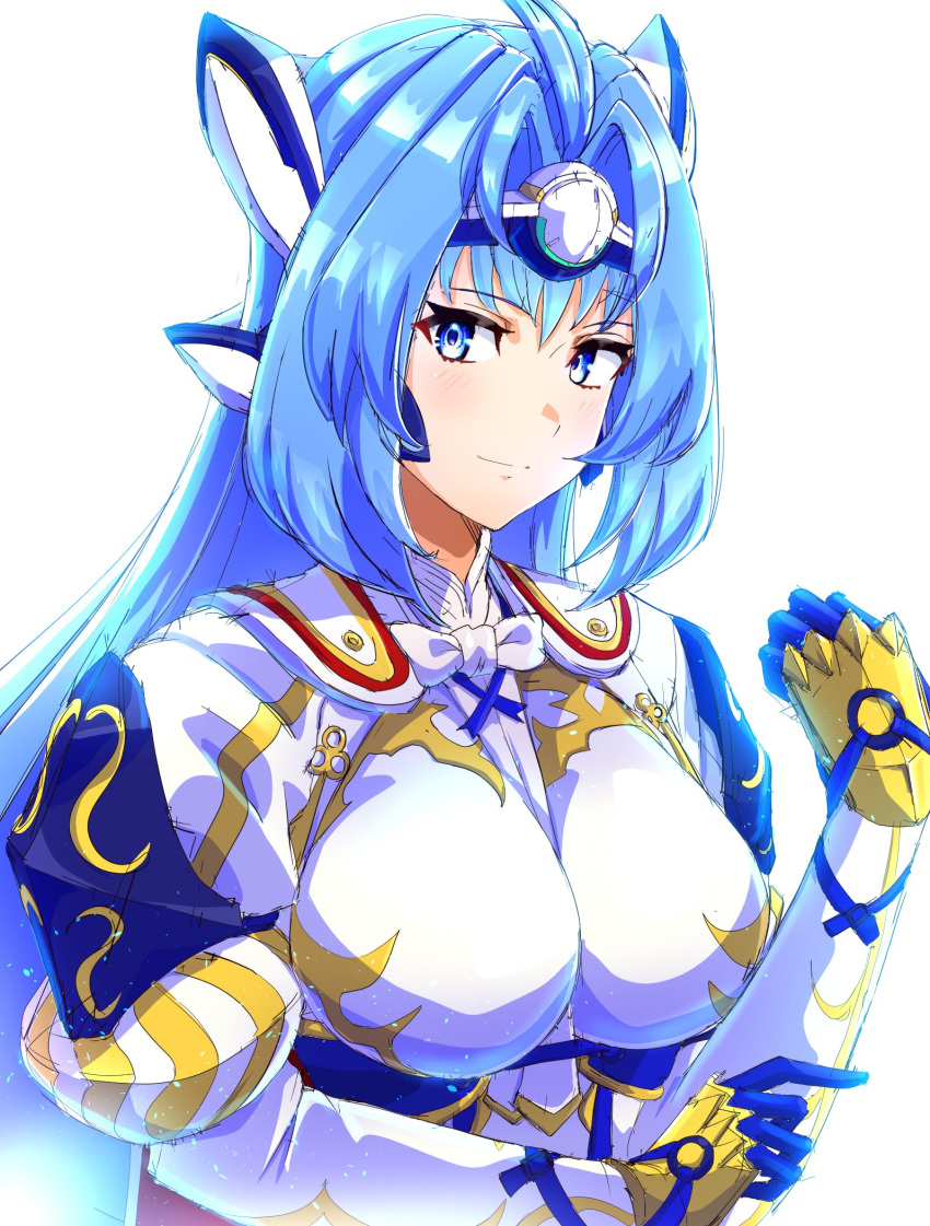 1girl alear_(female)_(fire_emblem) alear_(fire_emblem) android blue_eyes blue_hair breasts cosplay elbow_gloves fire_emblem fire_emblem_engage gloves highres kos-mos large_breasts long_hair looking_at_viewer medium_breasts simple_background solo to_(tototo_tk) very_long_hair xenosaga