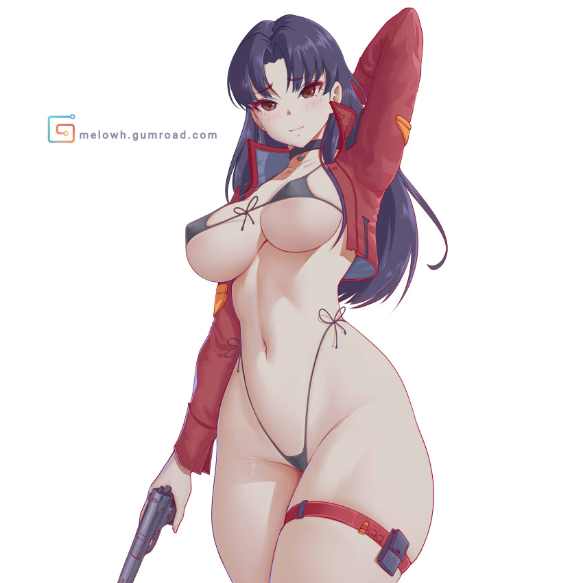 1girl absurdres arm_behind_head bikini black_bikini black_choker blue_hair blush breasts choker closed_mouth covered_nipples gun handgun highres holding holding_gun holding_weapon jacket katsuragi_misato large_breasts light_smile long_hair long_sleeves looking_at_viewer melowh micro_bikini navel neon_genesis_evangelion red_jacket side-tie_bikini_bottom simple_background smile solo swimsuit thigh_strap weapon white_background