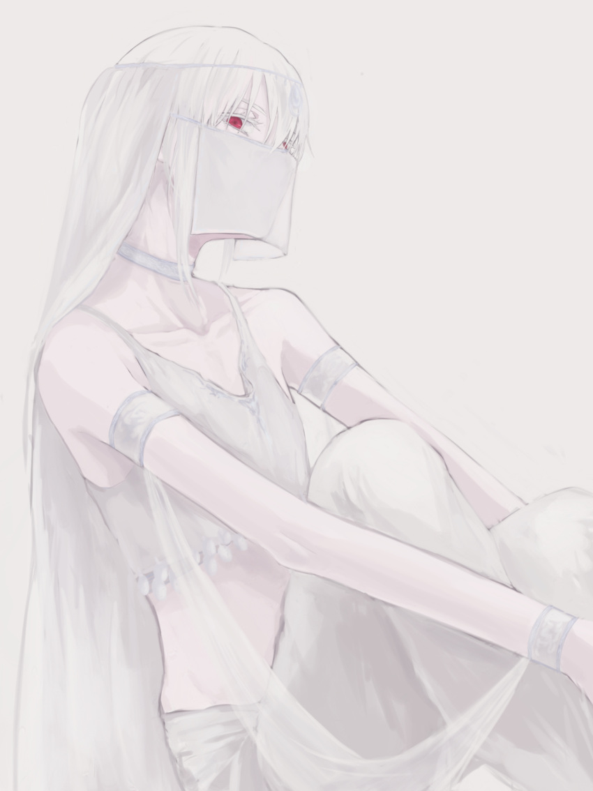 1girl accelerator_(toaru_majutsu_no_index) albino arabian_clothes armlet baggy_pants bare_arms bare_shoulders choker collarbone colored_eyelashes crop_top dancer expressionless feet_out_of_frame from_side genderswap genderswap_(mtf) harem_outfit harem_pants highres hugging_own_legs limited_palette midriff mouth_veil pale_skin pants pixie_cut r_l_bear red_eyes see-through shirt sidelocks sitting suzushina_yuriko toaru_majutsu_no_index veil white_background white_choker white_hair white_pants white_shirt white_theme white_veil