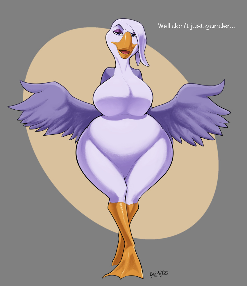 anatid anseriform anserinae anthro avian badroy balto_(film) bird breasts eyeshadow feather_hair feathers female goose hi_res makeup membrane_(anatomy) non-mammal_breasts pseudo_hair solo stella_(balto) universal_studios webbed_feet