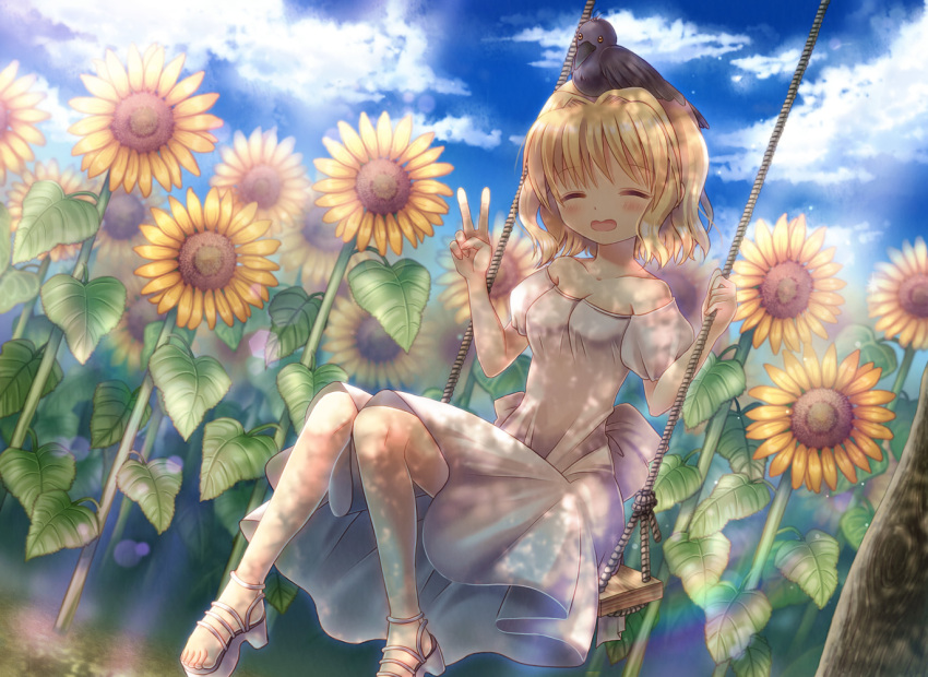 1girl air_(visual_novel) alternate_costume alternate_hairstyle animal_on_head bird bird_on_head blonde_hair blue_sky closed_eyes cloud commentary_request crow dress field flower flower_field full_body high_heels hinokami_sakura kamio_misuzu on_head open_mouth outdoors short_hair sitting sky strapless strapless_dress sunflower swing v white_dress white_footwear