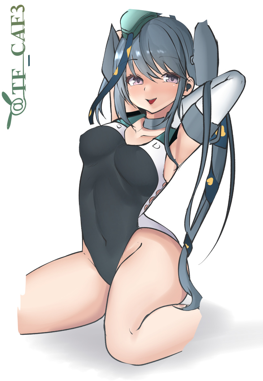 1girl absurdres aqua_headwear arms_behind_head black_one-piece_swimsuit black_ribbon competition_swimsuit elbow_gloves feet_out_of_frame garrison_cap gloves grey_eyes grey_hair hair_ornament hair_ribbon hat highleg highleg_swimsuit highres kantai_collection kneeling long_hair one-piece_swimsuit ribbon scamp_(kancolle) side_ponytail simple_background solo star_(symbol) star_hair_ornament swimsuit tf_cafe twitter_username white_background white_gloves