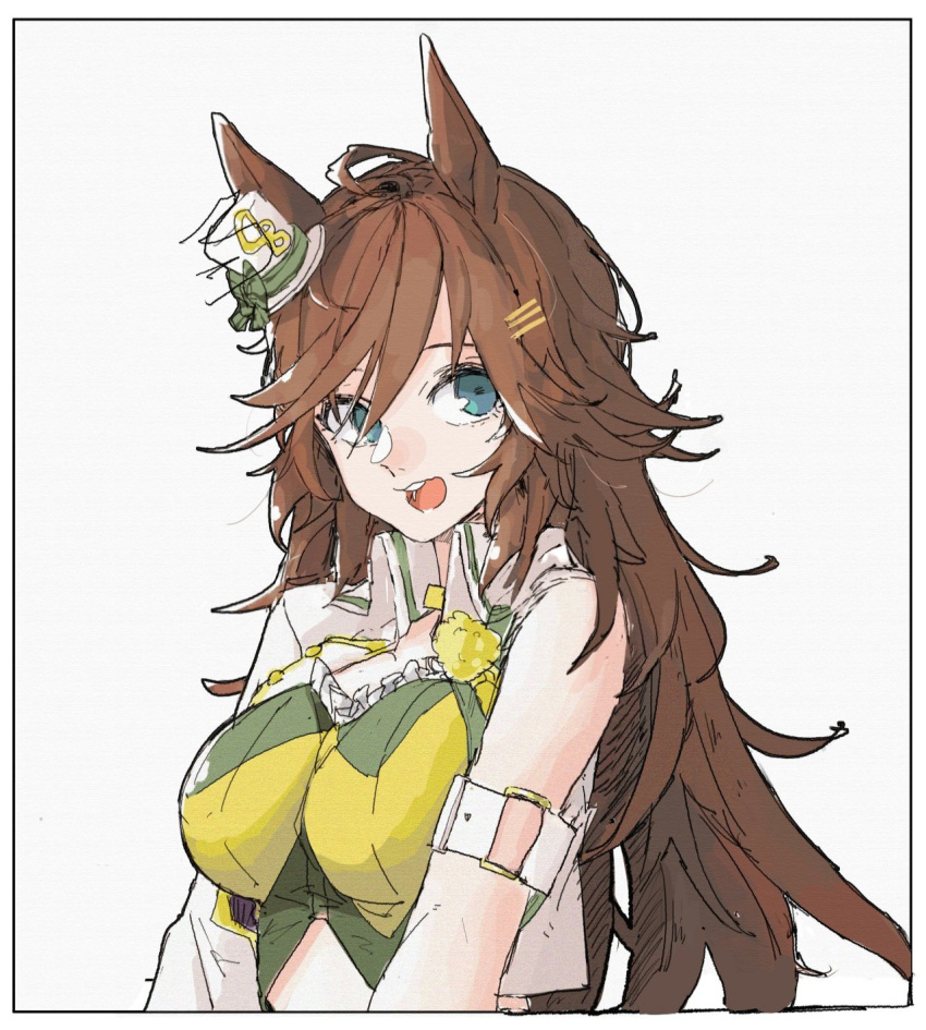 1girl animal_ears armband bandeau bangs border breasts brown_hair cropped_jacket green_eyes hat highres horse_ears jacket long_hair looking_at_viewer medium_breasts mini_hat mini_top_hat mr._c.b._(umamusume) open_mouth ryne_25 single_sleeve smile solo top_hat umamusume upper_body white_jacket