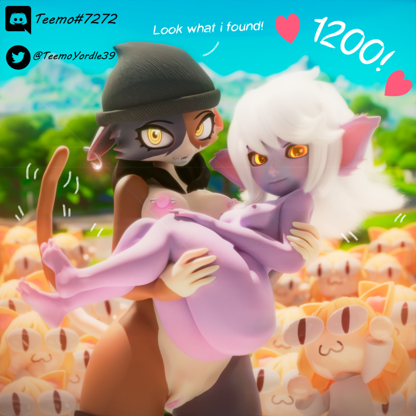 anthro big_breasts breasts butt charging_up clothing duo_focus epic_games felid feline female female/female fortnite glowing glowing_eyes group hair hat headgear headwear hi_res league_of_legends mammal meow_skulls_(fortnite) neco-arc nipples nude piercing purple_body riot_games small_breasts tail teemoty tristana_(lol) tsukihime type-moon white_hair yordle