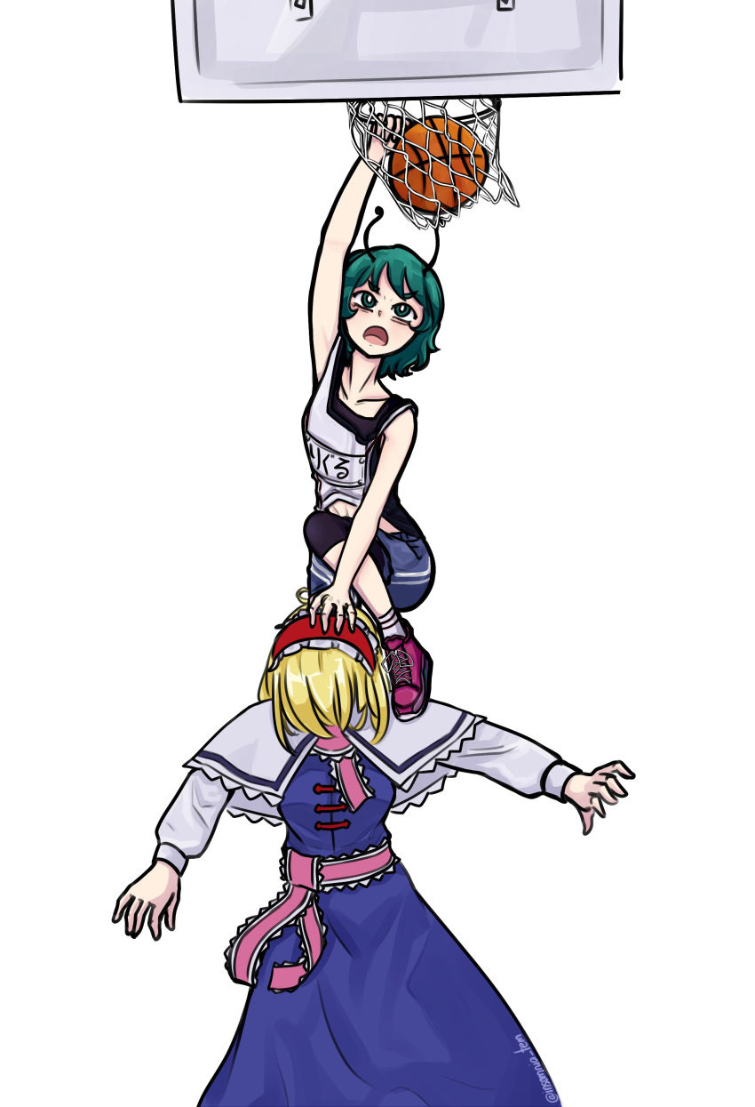 2girls absurdres alice_margatroid alternate_costume antennae ball basketball basketball_hoop basketball_uniform blonde_hair blue_dress blue_shorts capelet dress english_commentary green_eyes green_hair hairband highres lolita_hairband long_sleeves multiple_girls open_mouth red_footwear red_hairband short_hair shorts simple_background sportswear tem_(insomnia_tem) touhou touhou_lost_word white_background white_capelet wriggle_nightbug