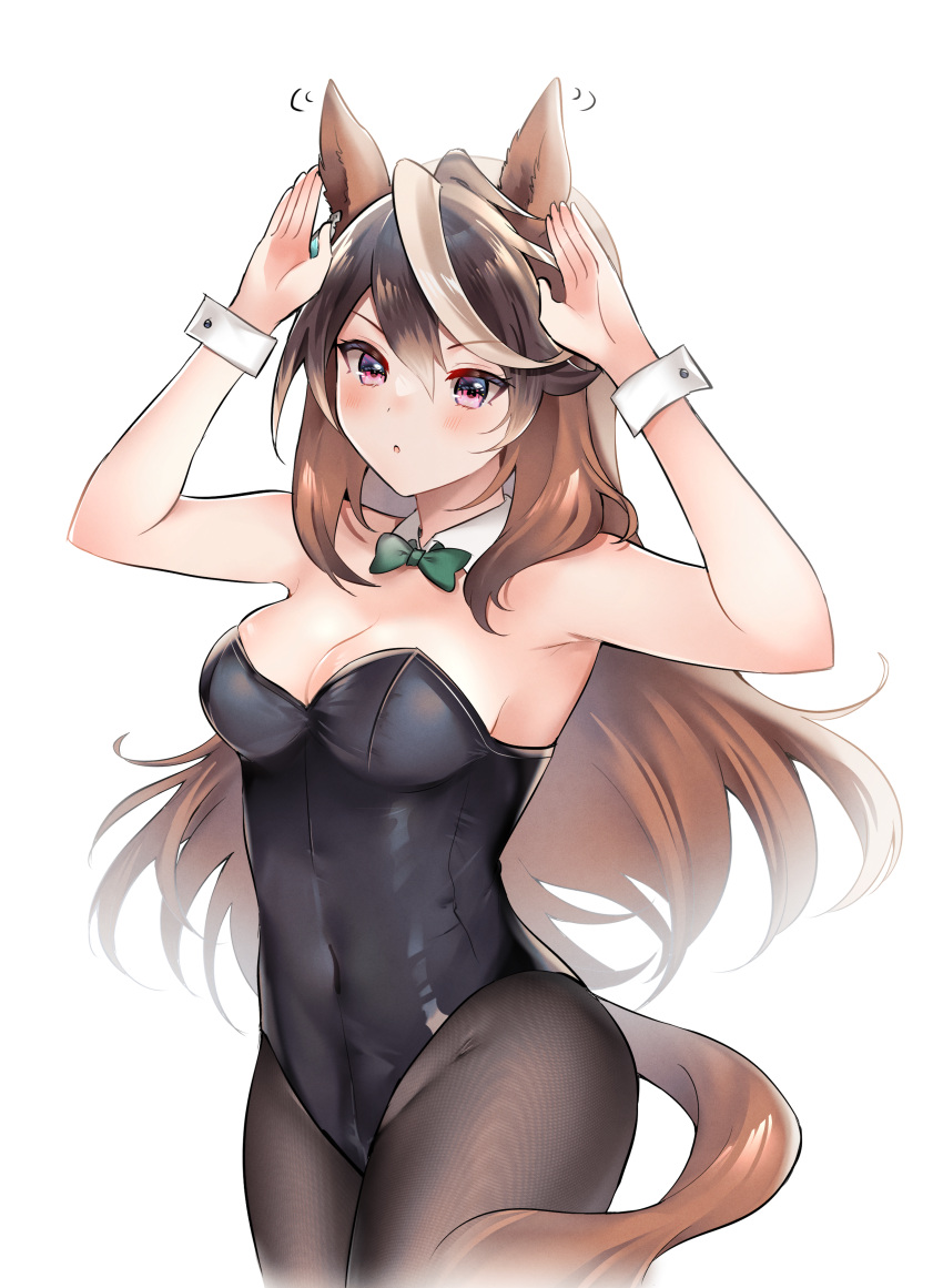1girl :o absurdres animal_ears arms_up bangs bare_shoulders black_leotard black_pantyhose blush bow bowtie brown_hair bunny_pose covered_navel cowboy_shot detached_collar green_bow green_bowtie groin highres horse_ears horse_girl horse_tail leotard long_hair looking_at_viewer motion_lines multicolored_hair narusawa_(njzc2582) nontraditional_playboy_bunny pantyhose purple_eyes solo streaked_hair symboli_rudolf_(umamusume) tail umamusume white_background wrist_cuffs