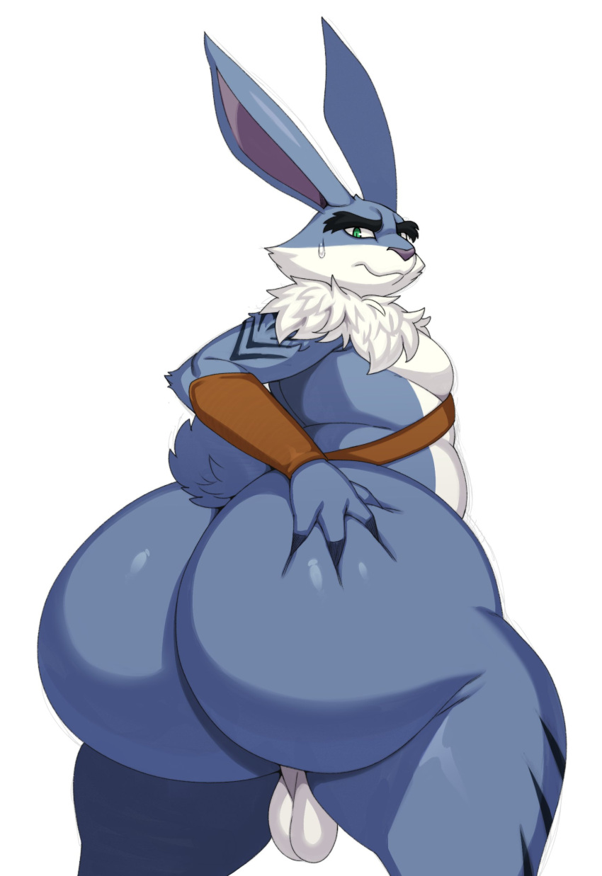 2023 absurd_res anthro backsack balls big_butt bodily_fluids butt e._aster_bunnymund genitals green_eyes hi_res huge_butt lagomorph leporid looking_at_viewer looking_back looking_back_at_viewer male mammal nude rabbit rise_of_the_guardians solo sssonic2 sweat sweatdrop