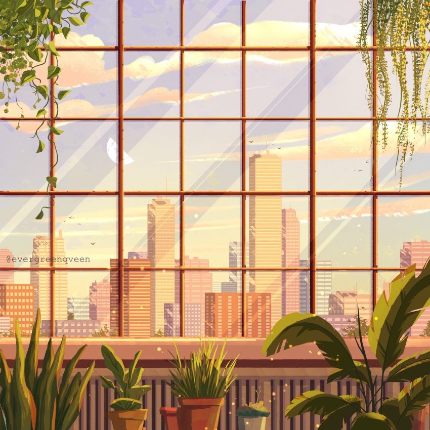 artist_name building city cityscape cloud commentary day english_commentary evergreenqveen flower_pot half_moon hanging_plant highres indoors moon no_humans original outdoors plant potted_plant scenery sky skyscraper tree twitter_username vines window