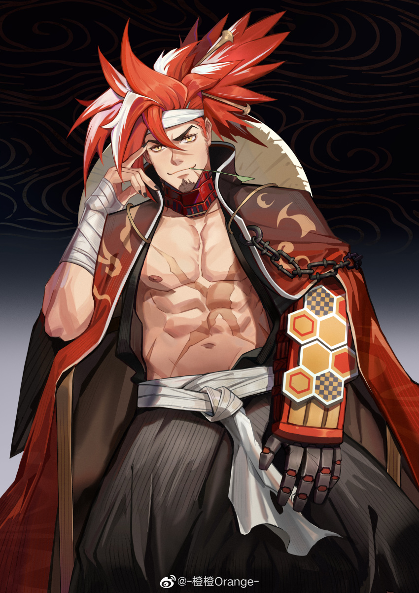 1boy abs absurdres alchemy_stars bandaged_arm bandages bara bare_pectorals black_nails black_pants chengzibaobaozhu cross_scar facial_hair feet_out_of_frame finger_to_face goatee hakama hakama_pants headband highres japanese_clothes kimono male_focus mature_male mint multicolored_hair muscular muscular_male navel nipples open_clothes open_kimono orange_hair pants pectorals prosthesis prosthetic_arm scar scar_on_chest short_hair sideburns sinsa_(alchemy_stars) smile solo stomach two-tone_hair white_hair