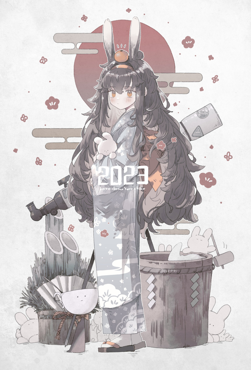 1girl 2023 absurdres animal_ears bamboo bow bucket chinese_zodiac cup food fruit full_body geta grey_hair grey_kimono hairband highres japanese_clothes kimono long_hair looking_at_viewer omochi_chowder orange_(fruit) orange_bow orange_eyes orange_hairband original rabbit rabbit_ears telescope year_of_the_rabbit