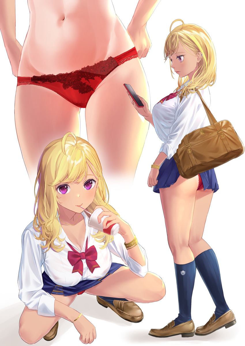 1girl accidental_exposure ahoge ass bag bangs blonde_hair blue_skirt blue_socks bow bowtie bra bracelet breasts brown_footwear cellphone close-up collared_shirt cup disposable_cup dress_shirt drink drinking drinking_straw floral_print gyaru highres holding holding_cup jewelry kneehighs kshiwasu_12 large_breasts loafers long_hair long_sleeves looking_at_phone looking_at_viewer loose_bowtie miniskirt multiple_views navel nijisanji panties phone pleated_skirt purple_eyes red_bow red_bowtie red_bra red_panties ribbed_legwear school_bag school_uniform see-through shirt shoes skirt sleeves_rolled_up smartphone socks spread_legs squatting standing stomach swept_bangs takamiya_rion thighs underwear virtual_youtuber white_shirt wing_collar