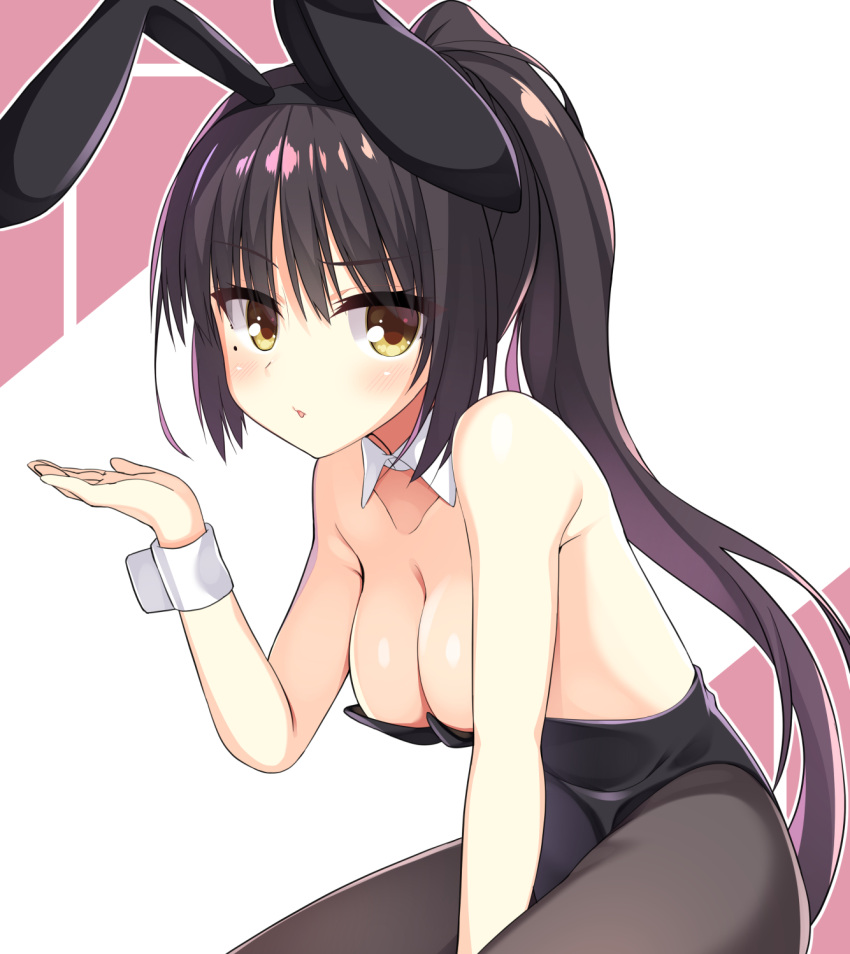 1girl animal_ears aria. arm_between_legs bare_shoulders black_hair black_leotard black_pantyhose blush breasts cafe_stella_to_shinigami_no_chou cleavage collar collarbone commentary_request eyelashes eyes_visible_through_hair fake_animal_ears furrowed_brow hand_up highres large_breasts leotard long_hair looking_at_viewer mole mole_under_eye pantyhose parted_lips pink_background playboy_bunny ponytail rabbit_ears shiki_natsume sidelocks sitting solo spread_legs two-tone_background very_long_hair white_background white_collar white_wrist_cuffs wing_collar yellow_eyes yuzu-soft