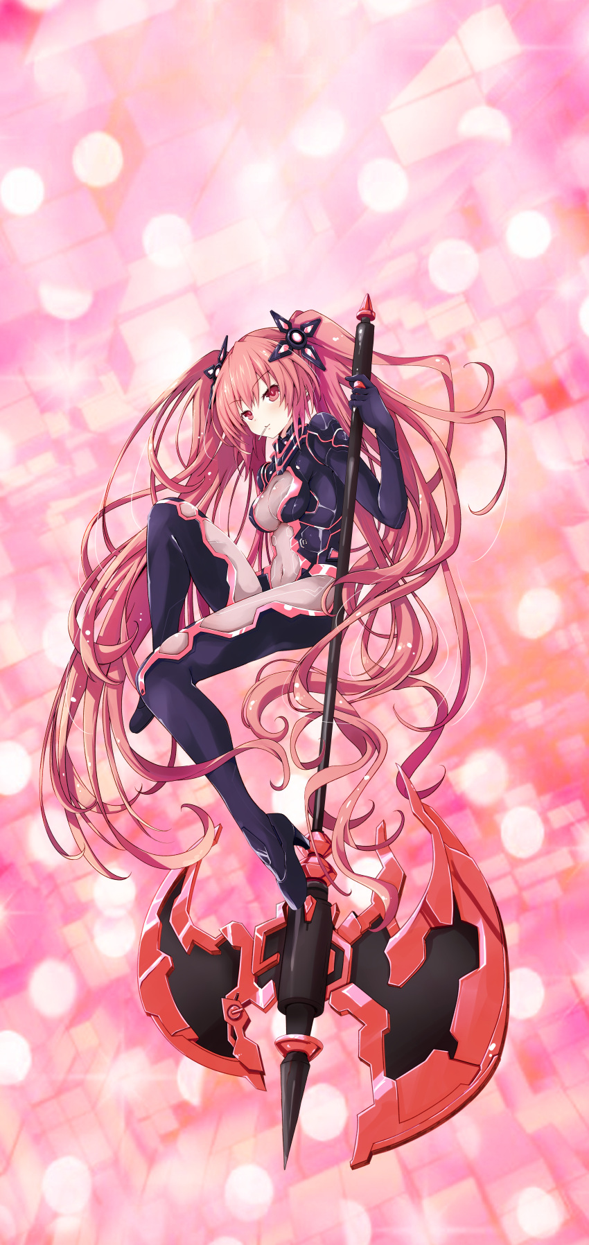 1girl absurdly_long_hair absurdres adapted_costume blush bodysuit commission cosplay date_a_live full_body hair_ornament halberd high_heels highres holding holding_polearm holding_weapon incredibly_absurdres itsuka_kotori iwashi_dorobou_-r- leotard long_hair looking_at_viewer mouth_hold neptune_(series) next_purple next_purple_(cosplay) pixiv_commission polearm red_eyes red_hair see-through see-through_leotard solo very_long_hair weapon