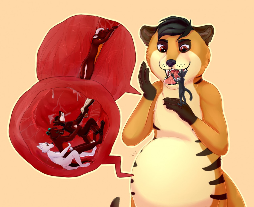 anthro belly big_belly black_body black_fur black_hair black_nose bodily_fluids brown_body brown_fur canid cutaway eyes_closed fangs front_view fur glistening glistening_eyes group hair in_mouth inside_stomach internal male mammal narrowed_eyes open_mouth oral_vore orange_body orange_fur red_eyes roobin saliva saliva_on_tongue side_view simple_background species_request tan_background tan_body tan_fur teeth vore white_body white_fur white_hair