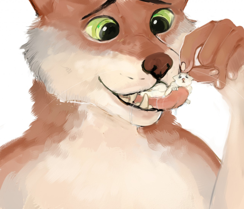 ambiguous_gender anthro anthro_pred anthro_prey bodily_fluids brown_body brown_fur brown_nose canid cheek_tuft drooling duo facial_tuft fur glistening glistening_eyes green_eyes green_sclera inner_ear_fluff male mammal on_tongue oral_vore roobin saliva saliva_on_chin tan_body tan_fur tuft vore whiskers white_body white_fur white_inner_ear_fluff