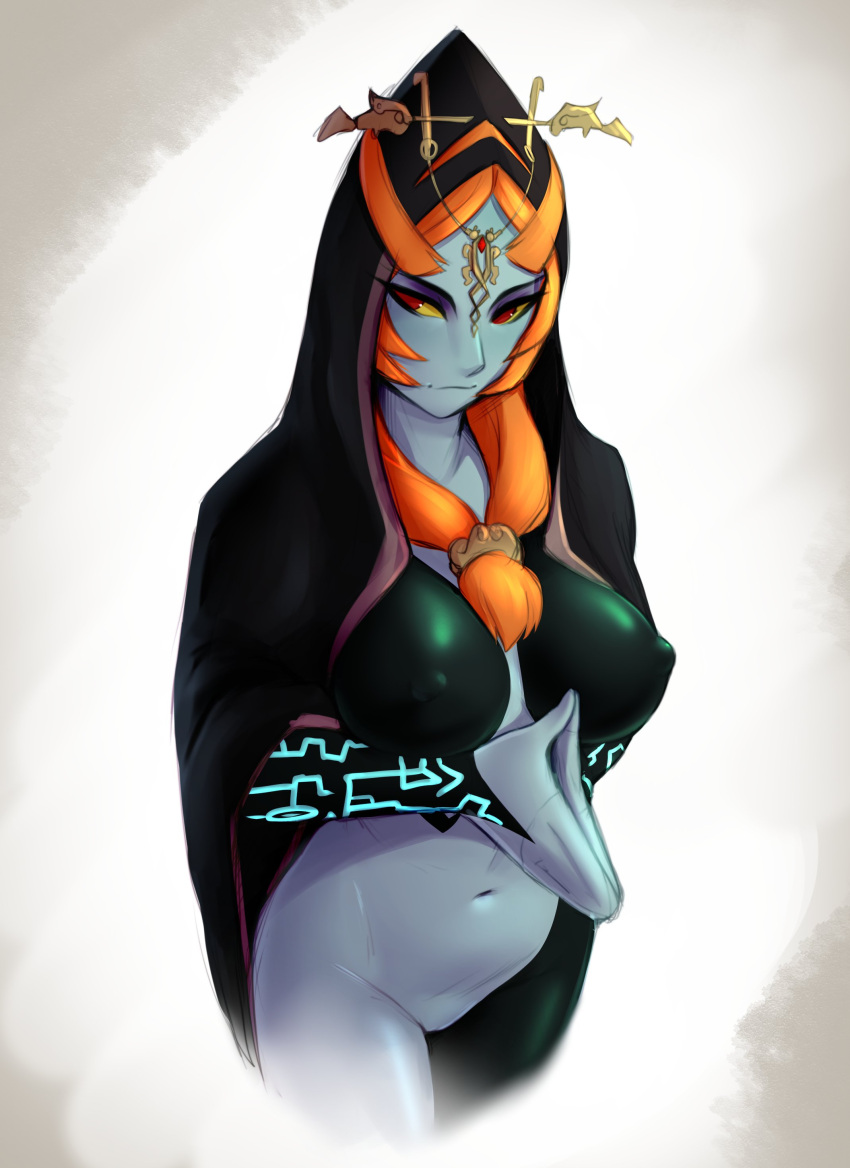 absurd_res barely_visible_genitalia barely_visible_pussy black_body black_skin breasts clothed clothing female genitals grey_body grey_skin hair hi_res hooded_cloak humanoid jewelry markings midna_(true_form) nintendo nipples not_furry orange_hair partially_clothed pudgeruffian pussy red_eyes simple_background solo standing the_legend_of_zelda topless twili twilight_princess