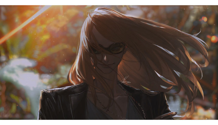 1boy au_(d_elite) black-framed_eyewear black_jacket blonde_hair closed_mouth commentary fate/grand_order fate_(series) glasses grey_eyes highres jacket jewelry letterboxed long_hair looking_at_viewer male_focus necklace shirt signature smile solo sunglasses tezcatlipoca_(fate) twitter_username upper_body white_shirt