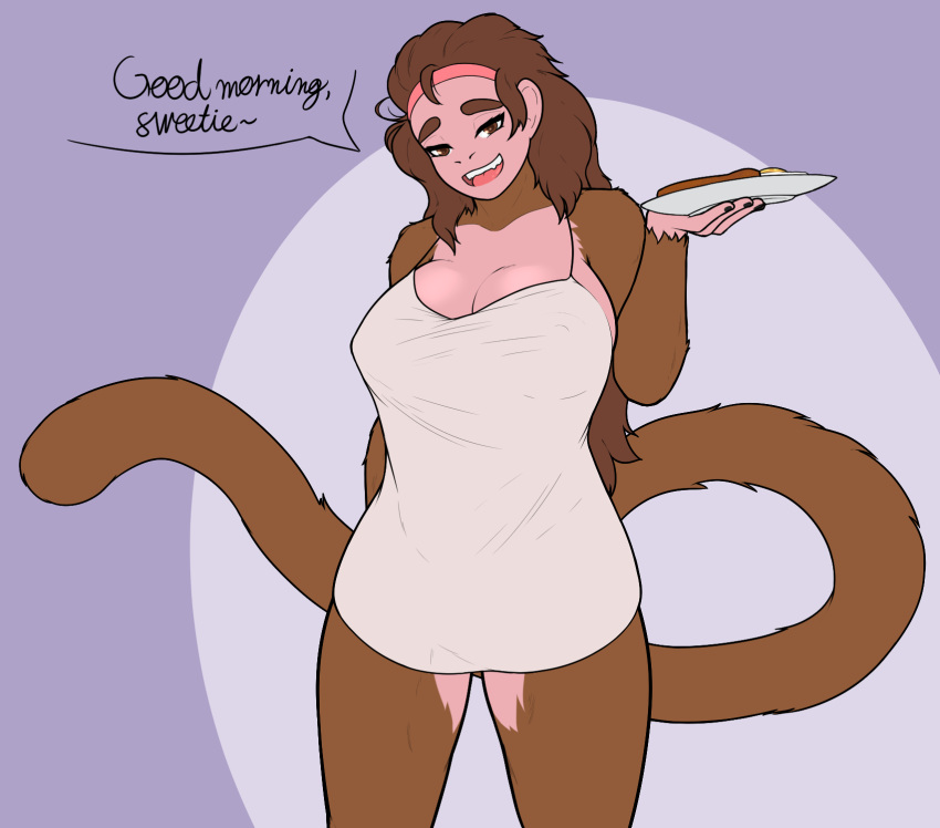 accessory anthro apron apron_only big_breasts breakfast breasts brown_body brown_eyes brown_fur brown_hair clothing colored_nails eyebrows female fluffy fluffy_tail fur hair haplorhine headband hi_res long_hair looking_at_viewer mammal monkey mostly_nude nails nipple_outline open_mouth paya_(pazek) pazek plate primate simple_background smile solo tail thick_eyebrows