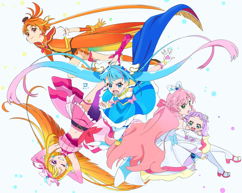 1boy 4girls ahoge aqua_eyes ascot baby blonde_hair blue_eyes blue_hair boots bow brooch butterfly_earrings cape cure_butterfly cure_prism cure_sky cure_wing detached_sleeves earrings ellee-chan full_body gloves gradient_hair green_eyes grin hair_bow hat heart heart_ahoge highres hirogaru_sky!_precure jewelry long_hair magical_boy magical_girl mini_hat mini_top_hat miyahara_takuya multicolored_hair multiple_girls nijigaoka_mashiro one_eye_closed open_mouth orange_gloves orange_hair pink_hair precure puffy_detached_sleeves puffy_sleeves purple_eyes purple_hair red_eyes short_bangs single_sidelock smile sora_harewataru top_hat twintails two-sided_cape two-sided_fabric white_ascot white_bow wing_brooch wing_hair_ornament