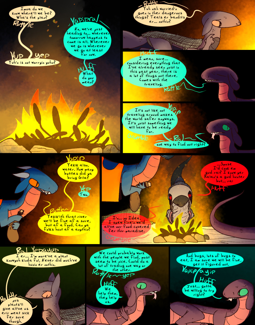 burning campfire comic dinosaur dragon dragonscape drekir dromaeosaurid female feral fire forl_(thepatchedragon) gila_(thepatchedragon) group hi_res hiker_(thepatchedragon) jat_(thepatchedragon) male night post-apocalyptic reptile scalie text thepatchedragon theropod tribal