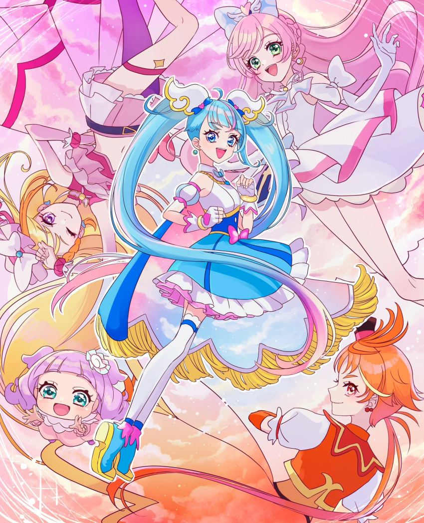 1boy 4girls ahoge aqua_eyes baby belt blonde_hair blue_eyes blue_hair bow brooch cape commentary_request cure_butterfly cure_prism cure_sky cure_wing detached_sleeves ellee-chan green_eyes hair_bow heart heart_ahoge highres hirogaru_sky!_precure jewelry long_hair machiko_(milk_maciko) magical_boy magical_girl midriff multiple_girls nijigaoka_mashiro one_eye_closed orange_hair pink_hair pink_headwear pink_skirt precure puffy_detached_sleeves puffy_sleeves purple_eyes purple_hair red_eyes single_sidelock skirt smile sora_harewataru twintails two-sided_cape two-sided_fabric very_long_hair wing_brooch wing_hair_ornament