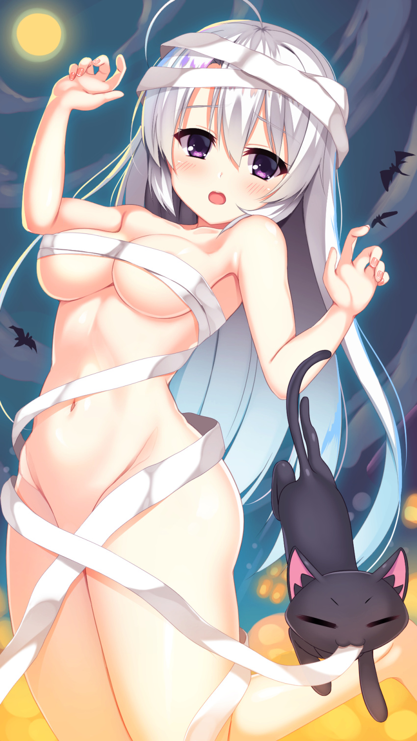 2girls :3 :o =_= ahoge aria. ayachi_nene bangs bat_(animal) black_cat blush breasts cat collarbone curvy embarrassed fingernails full_moon furrowed_brow groin hair_between_eyes halloween hands_up highres kneeling large_breasts legs lips long_hair midriff moon multiple_girls naked_ribbon navel night open_mouth purple_eyes ribbon sanoba_witch sidelocks souma_nanao stomach straight_hair thighs very_long_hair white_hair white_ribbon