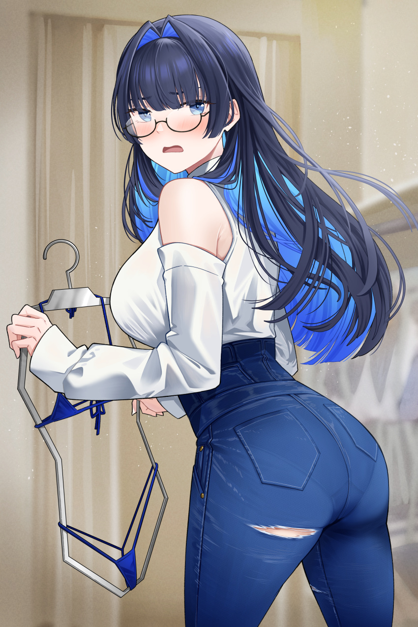1girl absurdres bare_shoulders bikini blue_bikini blue_eyes blue_hair blush denim detached_sleeves glasses high-waist_pants highres hololive hololive_english jeans light_blue_hair looking_at_viewer multicolored_hair nuebunny open_mouth ouro_kronii pants pantylines solo string_bikini sweater swimsuit torn_clothes torn_jeans torn_pants turtleneck turtleneck_sweater two-tone_hair white_sweater