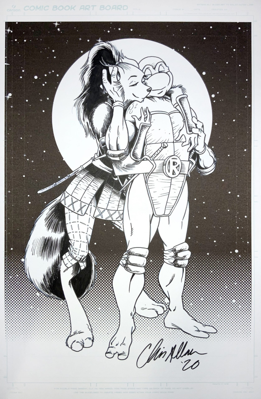 absurd_res anthro canid canine chris_allan clothed clothing duo embrace female fox full_moon hi_res hug hugging_from_behind male male/female mammal melee_weapon moon ninja ninjara_(tmnt) raphael_(tmnt) reptile romantic romantic_couple sai_(weapon) scalie star sword sword_sheath teenage_mutant_ninja_turtles teenage_mutant_ninja_turtles_adventures turtle umeko_(tmnt) warrior weapon