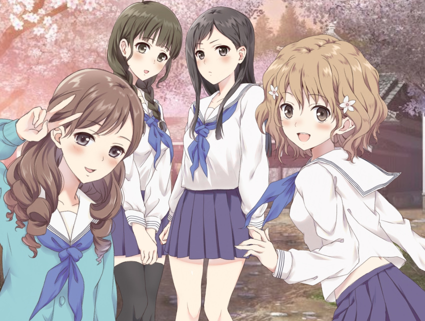 4girls :d :o arms_at_sides black_eyes black_hair black_thighhighs blue_neckerchief blue_shirt blush braid brown_eyes brown_hair day flower gangshangguang_(smjy5842) hair_flower hair_ornament hanasaku_iroha hand_up highres long_hair long_sleeves looking_at_viewer matsumae_ohana multiple_girls neckerchief oshimizu_nako outdoors school_uniform serafuku shirt short_hair smile standing thighhighs tsurugi_minko twin_braids v wakura_yuina white_shirt