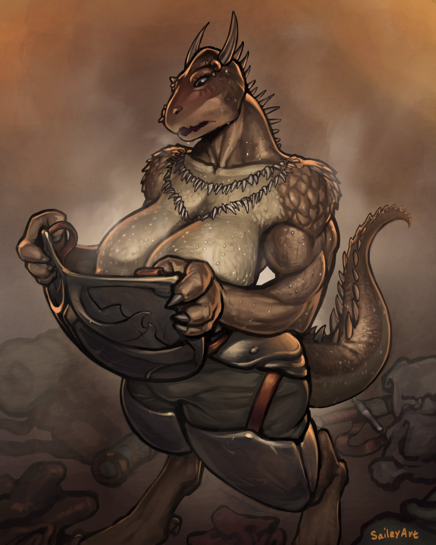 anthro areola argonian armor bethesda_softworks big_breasts blush bodily_fluids breasts cleavage clothed clothing female hi_res huge_breasts saileyart scalie solo sweat the_elder_scrolls