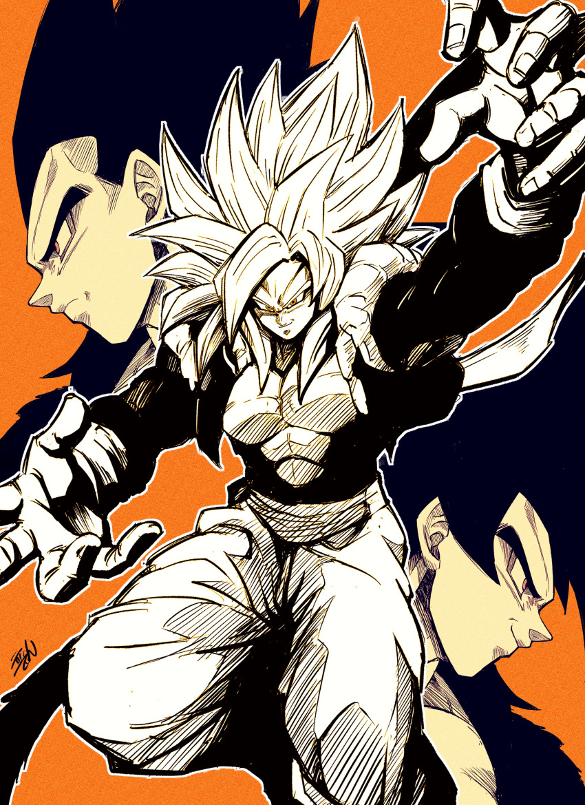 3boys absurdres commentary_request dragon_ball dragon_ball_gt frown gogeta highres liedein limited_palette male_focus metamoran_vest multiple_boys muscular muscular_male orange_background orange_eyes signature smile son_goku super_saiyan super_saiyan_4 vegeta