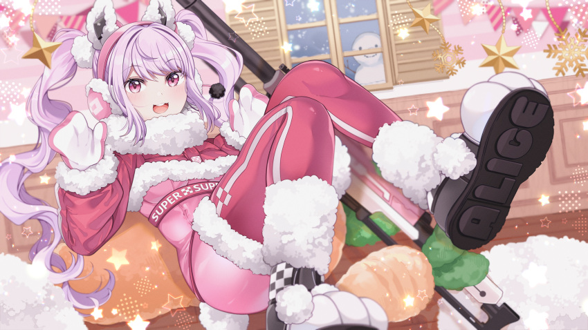 1girl alice_(nikke) bangs black_footwear bodysuit commentary_request earmuffs fur-trimmed_jacket fur-trimmed_legwear fur_trim goddess_of_victory:_nikke gun highres indoors jacket long_hair long_sleeves looking_at_viewer mitsumine_(ookami_no_oyashiro) open_mouth pink_bodysuit pink_eyes pink_hair pink_jacket pink_thighhighs rifle santa_costume shoes sniper_rifle snowman soles solo thighhighs two-tone_gloves weapon