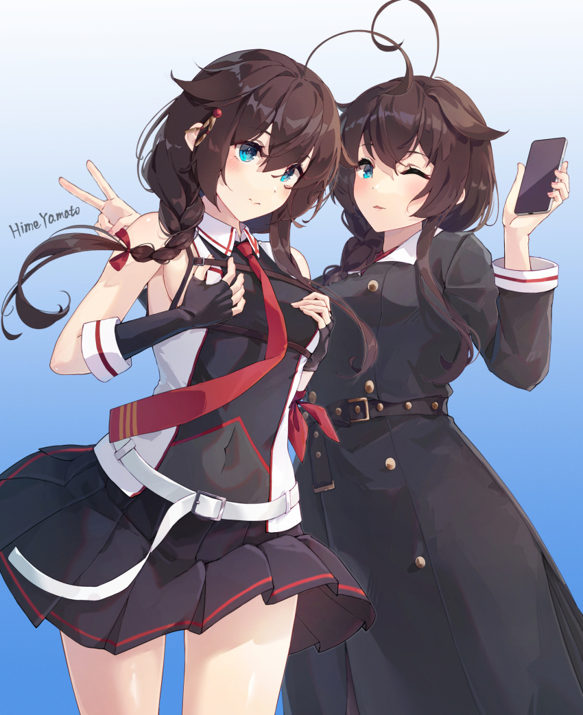 2girls ahoge asymmetrical_gloves belt black_belt black_coat black_gloves black_shirt black_skirt blue_eyes braid breasts brown_hair cellphone coat dual_persona fingerless_gloves gloves grabbing_own_breast gradient_background hair_flaps hair_ornament hair_over_shoulder hand_under_clothes highres himeyamato holding holding_phone kantai_collection long_coat long_sleeves medium_breasts miniskirt multiple_girls necktie phone pleated_skirt red_necktie shigure_(kancolle) shigure_kai_san_(kancolle) shirt single_braid skirt sleeveless sleeveless_shirt smartphone two-tone_shirt white_belt white_shirt