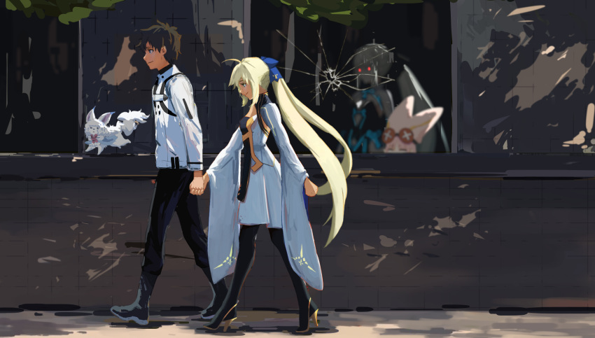 1boy 3girls ahoge artoria_caster_(fate) artoria_caster_(third_ascension)_(fate) artoria_pendragon_(fate) black_dress black_footwear black_hair black_pants black_pantyhose blonde_hair blue_bow blue_eyes bow closed_mouth commentary creature dress english_commentary fate/grand_order fate_(series) fou_(fate) from_side fujimaru_ritsuka_(male) fujimaru_ritsuka_(male)_(decisive_battle_chaldea_uniform) glowing glowing_eyes green_eyes grey_hair habetrot_(fate) hair_bow hat high_heels highres holding_hands jacket jealous long_hair long_sleeves morgan_le_fay_(fate) multiple_girls pants pantyhose paperpillar pink_hair pink_headwear ponytail profile red_eyes reflection short_hair size_difference smile twintails two-tone_dress uniform very_long_hair white_dress white_jacket wide_sleeves