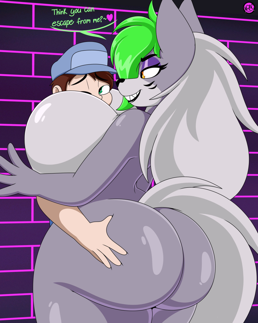 &lt;3 absurd_res anthro big_breasts big_butt black_pupils breasts butt canid canine canis clothing duo english_text facial_markings female five_nights_at_freddy's five_nights_at_freddy's:_security_breach green_eyes green_hair grey_body grey_hair hair half-closed_eyes hand_on_butt hat head_markings headgear headwear hi_res huge_breasts huge_butt human male mammal markings narrowed_eyes nr_ac nude one_eye_closed pinned pinned_to_wall pupils question_mark roxanne_wolf_(fnaf) scottgames smile text thick_thighs white_body white_skin wide_hips wolf yellow_eyes