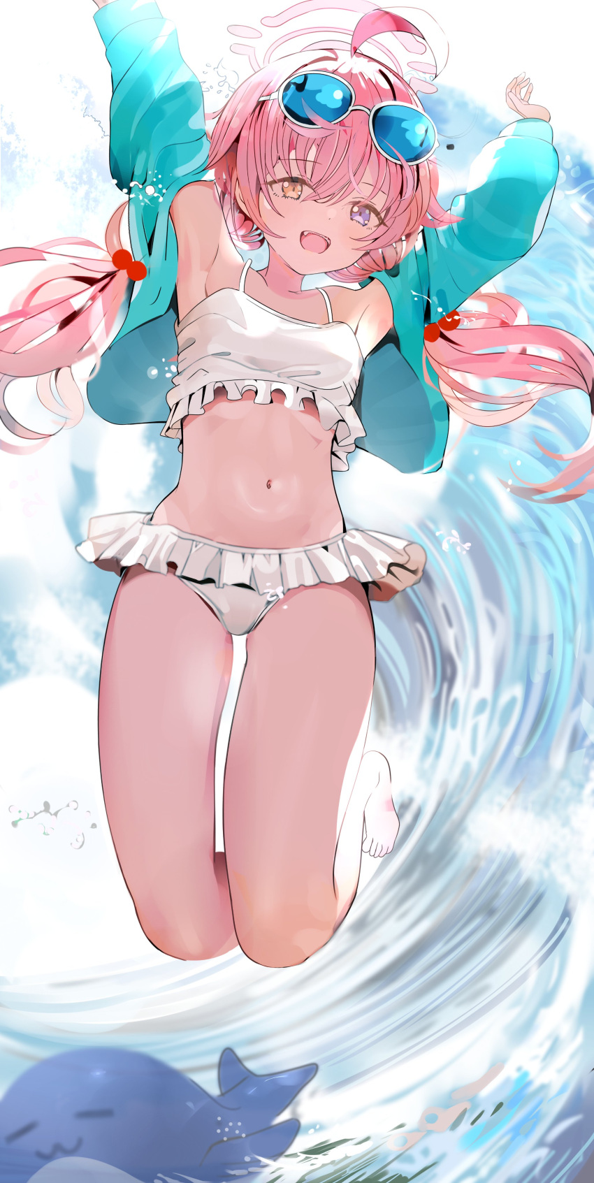 1girl absurdres ahoge bangs bare_shoulders bikini blue-tinted_eyewear blue_archive blue_eyes blue_jacket breasts eyewear_on_head frilled_bikini frills hair_bobbles hair_ornament halo heterochromia highres hoshino_(blue_archive) hoshino_(swimsuit)_(blue_archive) jacket long_hair long_sleeves looking_at_viewer low_twintails navel open_mouth pink_hair pjkka small_breasts smile solo swimsuit thighs tinted_eyewear twintails white_bikini yellow_eyes