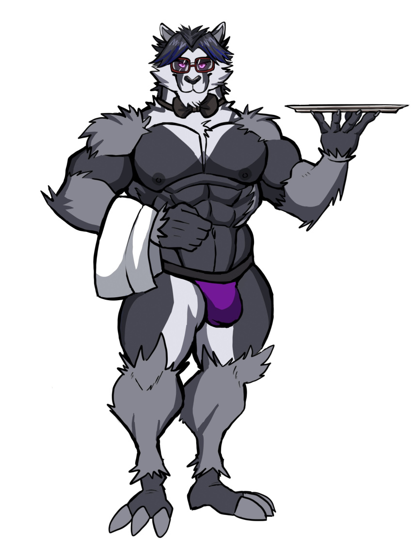 2023 abs absurd_res anthro barazoku barefoot biceps big_bulge big_muscles bow_tie bulge claws clothed clothing darknaigart eyewear fan_character feet fur generation_8_pokemon glasses hair hi_res holding_object holding_plate huge_muscles looking_at_viewer male muscular muscular_anthro muscular_male napkin navel nintendo nipples obliques obstagoon pecs plate pokemon pokemon_(species) simple_background smile solo standing thick_thighs thong topless topless_anthro topless_male tuft underwear waiter white_background