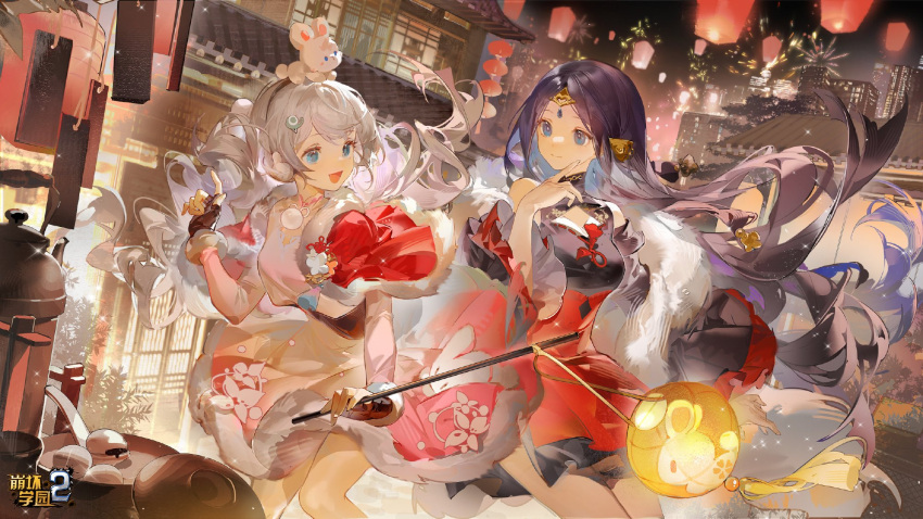 2girls :d benghuai_xueyuan black_gloves black_hair blue_eyes building character_request cleavage_cutout clothing_cutout dress dumpling eye_tearlessflower fingerless_gloves fireworks food gloves hair_ornament hairband highres honkai_(series) kettle lantern long_hair multicolored_clothes multicolored_dress multiple_girls night paper_lantern smile stuffed_animal stuffed_toy tiara wavy_hair white_hair