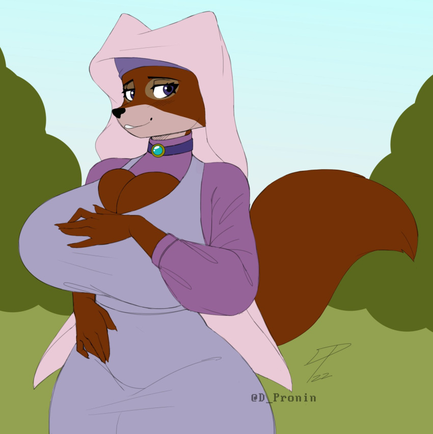 anthro breasts canid canine cleavage cleavage_overflow clothed clothing collar disney dpronin dress female flat_colors fox hand_on_breast hand_on_hip hi_res looking_aside maid_marian mammal medieval_clothing outside robin_hood_(disney) smile solo tight_clothing tight_dress