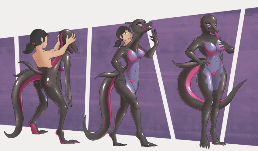 anthro breasts deiser dsaprox female gender_transformation generation_7_pokemon genitals human human_to_anthro male mammal nintendo open_mouth pokemon pokemon_(species) pussy salazzle species_transformation suit_transformation tongue transformation