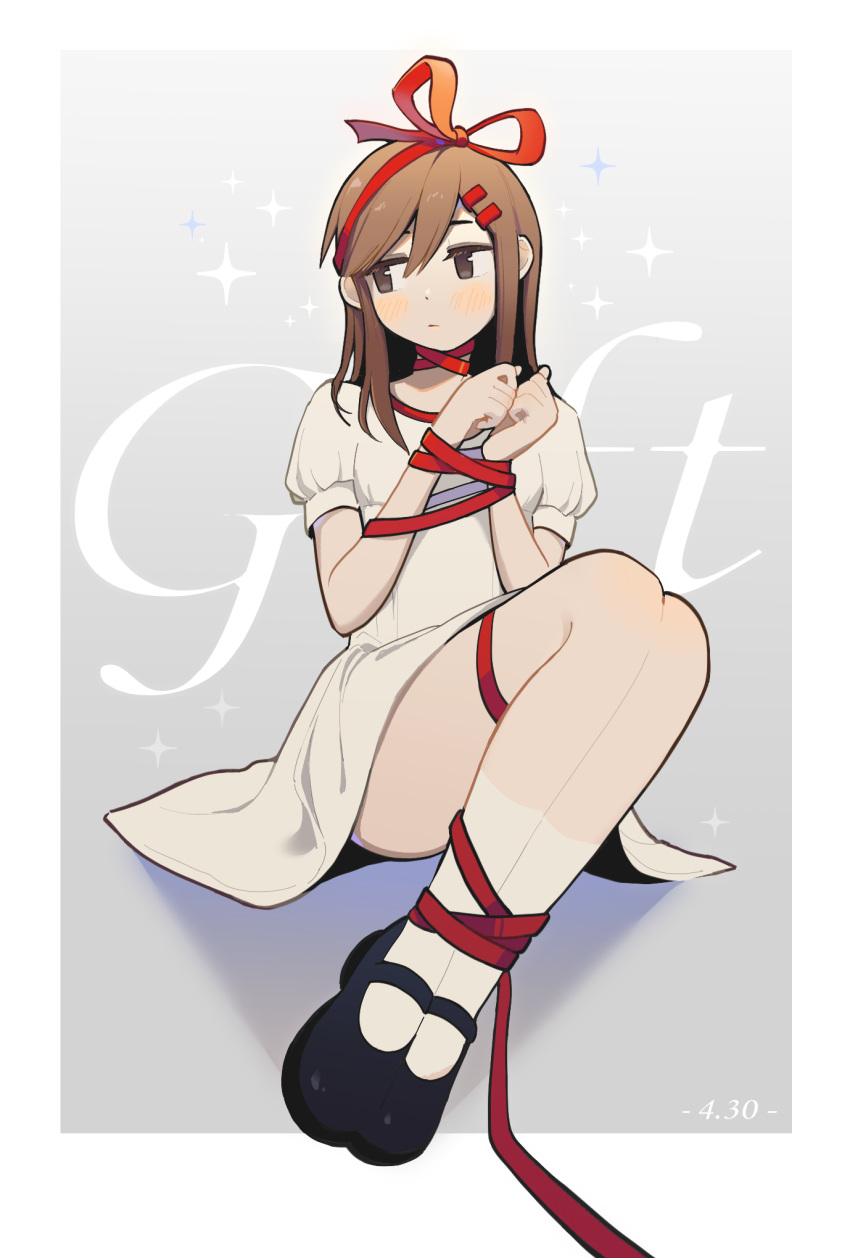 1girl black_footwear bound bound_ankles bound_wrists brown_eyes brown_hair casual commentary dress english_commentary english_text framed grey_background hair_ornament hair_ribbon hairclip highres inuinu-s jitome kagerou_project looking_to_the_side medium_hair mekakucity_actors no_scarf red_ribbon red_trim ribbon shadow short_sleeves simple_background socks solo tateyama_ayano thighs two-tone_ribbon white_background white_dress white_socks