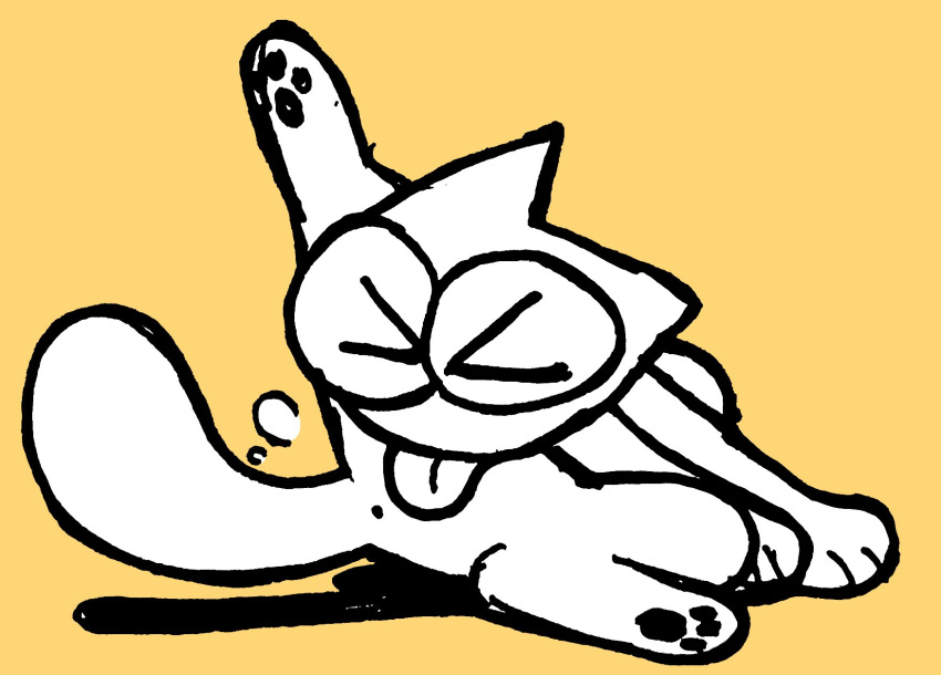 &gt;_&lt; 2022 anus_only domestic_cat eyes_closed felid feline felis feral fur hi_res jaquin_s licking mammal pawpads paws self_lick simple_background sketch solo tongue tongue_out toony white_body white_fur yellow_background