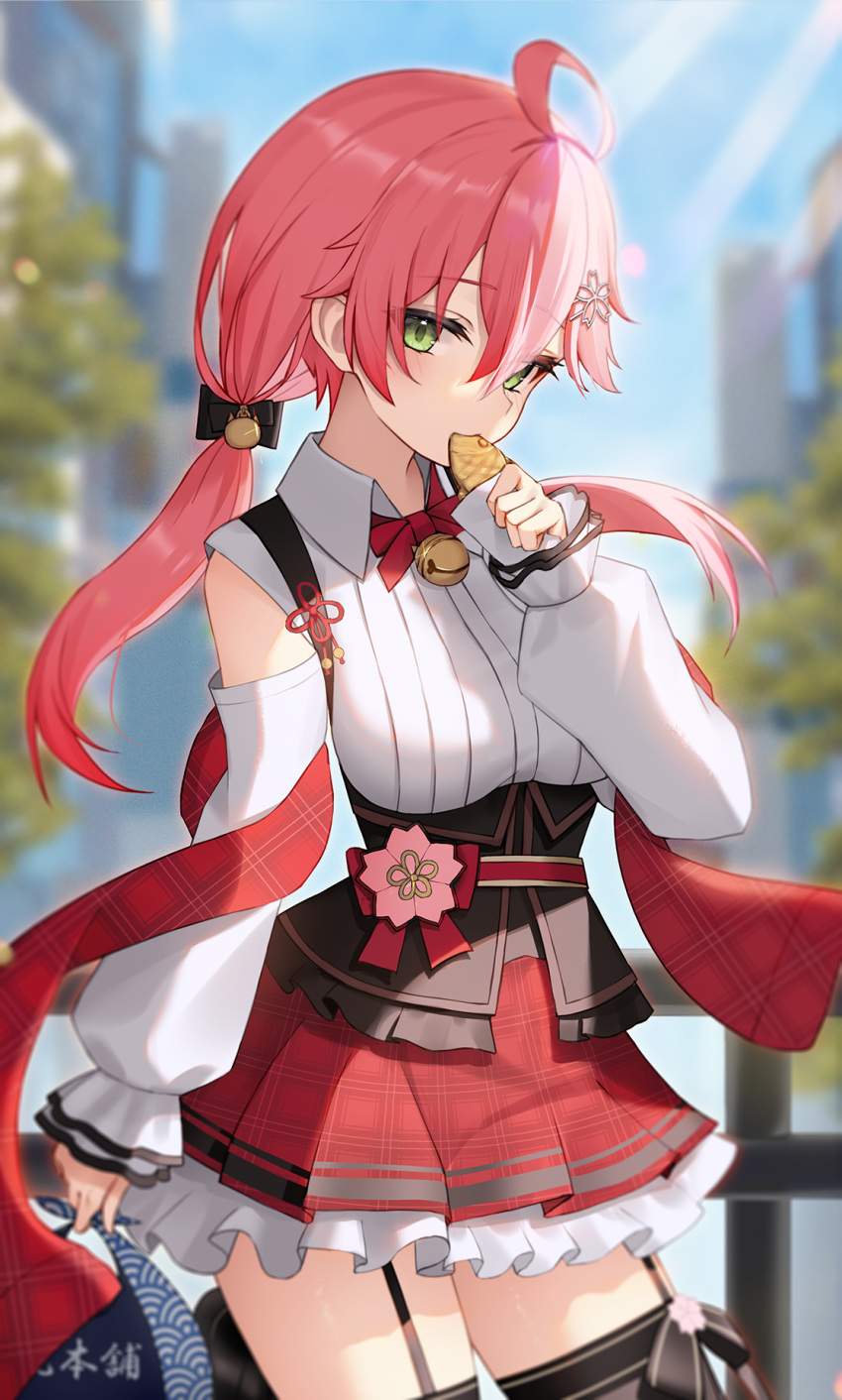 1girl ahoge bangs bell black_ribbon black_thighhighs blurry blurry_background collared_shirt corset eating food frilled_skirt frills garter_straps green_eyes hair_between_eyes hair_ornament hair_ribbon highres holding holding_food hololive jingle_bell long_hair long_sleeves looking_at_viewer neck_bell outdoors pink_hair plaid plaid_skirt puffy_long_sleeves puffy_sleeves red_skirt ribbon sakura_miko shirt skirt sleeves_past_wrists solo thighhighs thomas_8000 twintails virtual_youtuber white_shirt