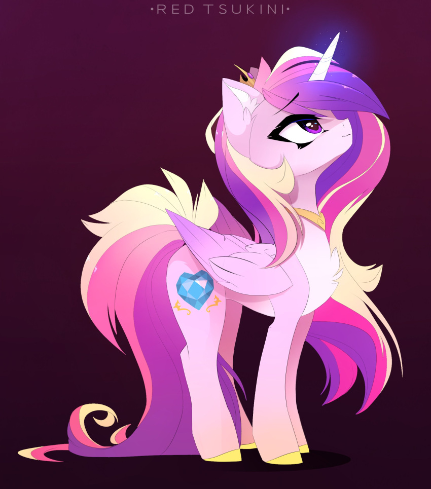 absurd_res blonde_hair crown cutie_mark digital_media_(artwork) equid equine eyebrow_through_hair eyebrows eyelashes feathered_wings feathers female feral folded_wings friendship_is_magic fur glowing glowing_horn hair hasbro headgear hi_res hooves horn inner_ear_fluff long_hair looking_up mammal multicolored_hair multicolored_tail my_little_pony pink_body pink_eyes pink_feathers pink_fur pink_hair pink_tail princess_cadance_(mlp) purple_hair purple_tail red_tsukini simple_background smile solo tail translucent translucent_hair tuft winged_unicorn wings yellow_tail